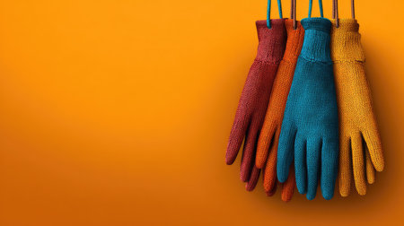 A collection of colorful knitted gloves in vibrant hues hangs against a bright orange backdrop, perfect for illustrating warmth, fashion, and artistry in winter accessories.の素材