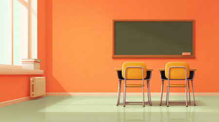 A modern classroom filled with energy and creativity, featuring bright orange walls, a chalkboard, and stylish furniture perfect for learning and interaction.の素材