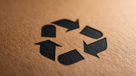 A close-up of a black recycling symbol on a textured brown cardboard background, highlighting themes of sustainability and eco-awareness for a conscious lifestyle.の素材