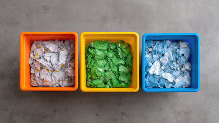 Brightly colored bins filled with crumpled paper waste sit on a gray surface, highlighting the importance of recycling and proper waste management practices for a sustainable future.の素材