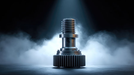 A striking close-up of a metal gear against a dark background with atmospheric mist and dramatic lighting, perfect for showcasing engineering and industrial themes in visuals.の素材