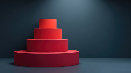 A series of vibrant red stacked cylinders arranged on a dark background, perfect for use in creative design projects, product displays, and modern photography.の素材