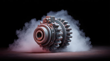 A stunning visual of an industrial gear component surrounded by vapor, highlighting its intricate details and textures that emphasize technology and engineering aesthetics.の素材