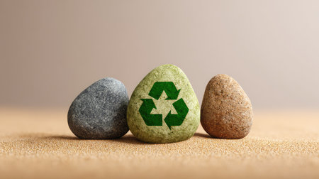 Three colorful stones featuring a recycle symbol, set against a soft beige background, symbolizing sustainability and the importance of environmental protection.の素材