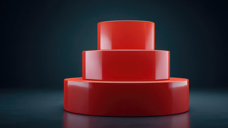 A modern artistic arrangement of three glossy red cylinders of varying sizes, positioned on a sleek surface, creating a bold visual impact in a minimalist studio setting.の素材