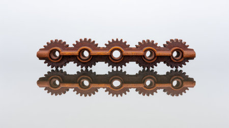 This image showcases a row of vintage mechanical gears on a reflective surface, emphasizing intricate craftsmanship and unique design in industrial aesthetics.の素材