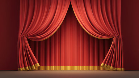 Stunning red curtains adorned with golden trim set the stage for an unforgettable performance, creating a captivating atmosphere filled with anticipation and elegance.の素材