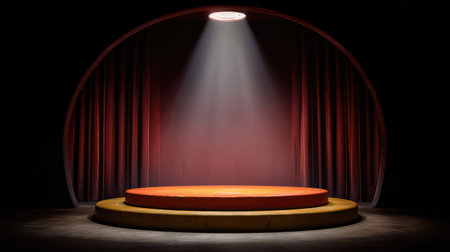 A captivating empty stage featuring a spotlight and elegant red curtains, perfect for artistic performances or creative presentations, inviting imagination and inspiration.の素材