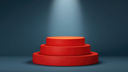 A striking red display stand with three circular tiers, illuminated by a spotlight against a dark background, perfect for product showcases and artistic presentations.の素材