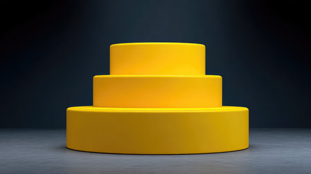 A striking arrangement of bright yellow stacked geometric shapes on a dark surface, providing a clean and modern backdrop ideal for creative and artistic presentations.の素材
