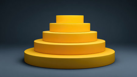 A set of modern yellow circular platforms arranged in a gradual ascent against a dark background, ideal for creative displays, promotional photography, or artistic presentations.の素材