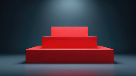 A striking arrangement of abstract red geometric shapes on a minimalist stage, highlighting modern design aesthetics and a bold artistic expression against a dark backdrop.の素材