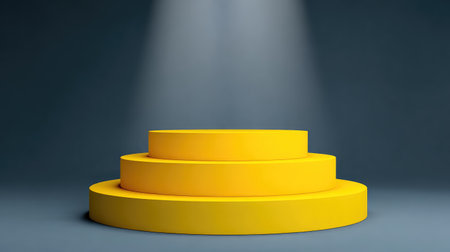 A vibrant yellow circular platform arrangement illuminated by dramatic lighting, perfect for displays in modern interiors, showcasing creativity and elegance in design.の素材