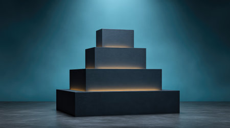 A striking display of dark, geometrically arranged boxes illuminated softly from within, perfect for modern art, product showcases, or minimalist design concepts in photography.の素材