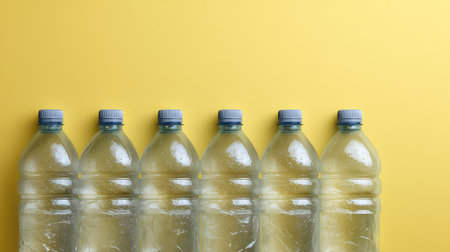 This image features an arranged line of empty plastic water bottles against a bright yellow background, highlighting themes of sustainability and environmental responsibility.の素材