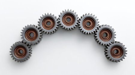A visually appealing arrangement of seven gray metal gears on a white background, perfect for illustrating concepts of engineering, mechanics, and industrial design.の素材