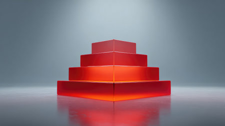 A striking arrangement of red geometric shapes forming a pyramid, enhanced by dramatic lighting, perfect for modern design, creative projects, and artistic expressions.の素材