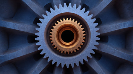 A stunning close-up view of interlocking gears, highlighting the complexity and precision of mechanical engineering with a focus on texture and detail, suitable for industrial themes.の素材