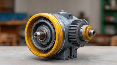 This image showcases a detailed close-up of a mechanical gear system featuring striking yellow accents, ideal for industrial and engineering themes. Perfect for technical projects.の素材
