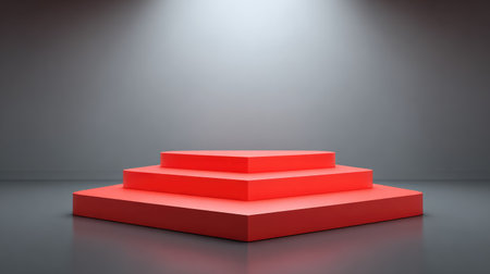 A striking red geometric pedestal featuring three levels, illuminated by a soft spotlight in a minimalist gallery environment, perfect for showcasing art or products.の素材
