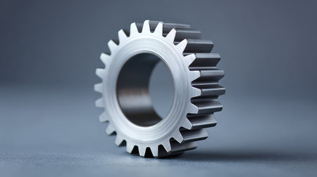 A metallic gear captured in close-up revealing intricate details and precision. The image emphasizes its role in machinery and industrial applications.の素材
