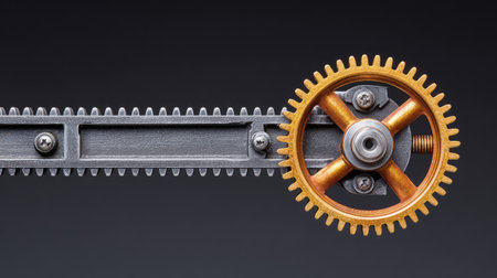 High-resolution image of a striking industrial gear mechanism featuring golden teeth, showcasing intricate details and precision in motion and design for engineering applications.の素材