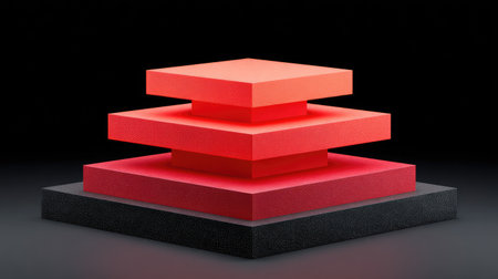 Vibrant red foam blocks stacked artistically on a sleek black surface create a striking minimalist display, perfect for modern artistic visual projects and contemporary design themes.の素材