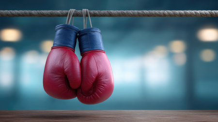 Vibrant red boxing gloves hang from a rope in a gym, symbolizing dedication to the sport. The blurred background enhances focus on these essential training tools.の素材