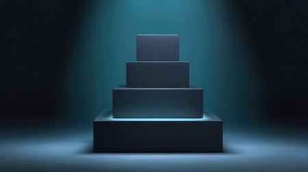 A serene and elegant arrangement of stacked boxes on a pedestal, bathed in soft blue light against a dark backdrop, perfect for showcasing products or minimalist presentations.の素材
