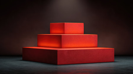 A minimalistic three-tiered structure in bold red, softly illuminated for an artistic display. Ideal for use in modern design projects or creative presentations.の素材