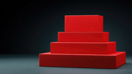 A striking arrangement of vibrant red geometric shapes stacked in a pyramid formation, set against a dark background, perfect for modern design and artistic projects.の素材