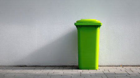 A vibrant green trash can stands alone against a plain wall, showcasing a modern aesthetic while emphasizing the importance of waste management and environmental responsibility.の素材