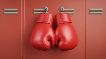 A pair of vibrant red boxing gloves hang from metal hooks, set against a backdrop of red lockers, showcasing the spirit of training and motivation in a dynamic gym setting.の素材