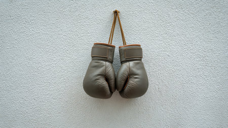 A pair of vintage boxing gloves hang against a textured wall, symbolizing the spirit of sportsmanship and dedication in a minimalist style, perfect for fitness enthusiasts.の素材