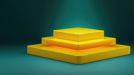 A striking arrangement of vibrant yellow geometric shapes on a soothing green background, perfect for showcasing products, advertising campaigns, or creative design concepts.の素材