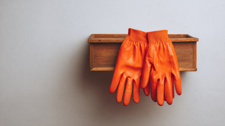 Showcasing a pair of bright orange rubber gloves neatly hanging on a wooden shelf, this image emphasizes utility and style for everyday cleaning or gardening tasks.の素材