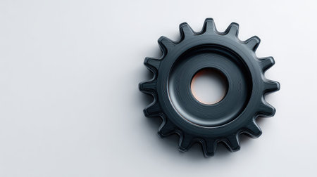 A close-up image of a black gear on a white background, symbolizing the essence of machinery and engineering in modern industrial processes and designs.の素材