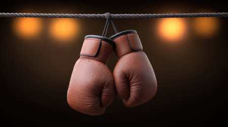 A pair of vintage boxing gloves hang from a rope, their rich leather texture highlighted by soft glowing lights, symbolizing the dedication and intensity of the boxing sport.の素材