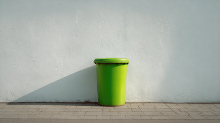 A vibrant green trash bin stands alone against a smooth white wall, symbolizing eco-conscious waste management solutions in urban environments while casting a subtle shadow.の素材