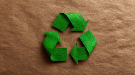 This image features a green recycle symbol crafted from paper on a warm brown background, highlighting themes of sustainability, environmental awareness, and eco-friendly practices.の素材