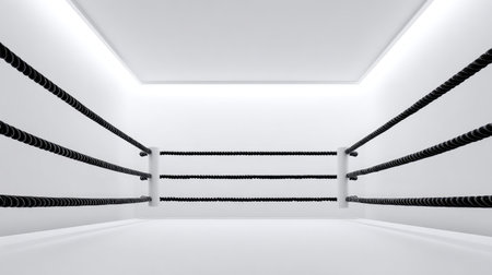 This image showcases a visually striking empty boxing ring against a minimalist backdrop, featuring black ropes and pristine white walls, ideal for fitness and sports-themed projects.の素材