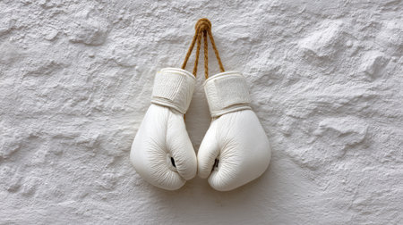 A pair of vintage white boxing gloves dangles from a rope against a textured wall, representing the essence of strength and discipline in a minimalist and artistic manner.の素材