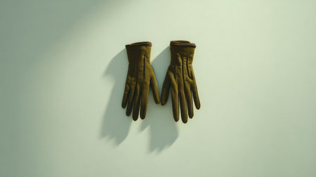 A pair of elegant brown leather gloves displayed symmetrically on a soft light background, highlighting fashion and accessory design in a minimalist style.の素材