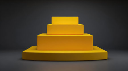 This abstract geometric image features stacked yellow blocks forming a pyramid shape, set against a dark background, perfect for modern decor or design context.の素材