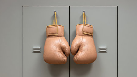 A pair of vintage boxing gloves gracefully hangs from a gray locker door, capturing the essence of sport and determination in a simple yet striking manner.の素材