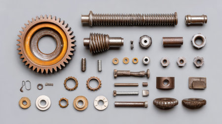 A flat lay of assorted mechanical components, including gears, screws, and bolts on a gray background, perfect for industrial and engineering themes in design and manufacturing projects.の素材
