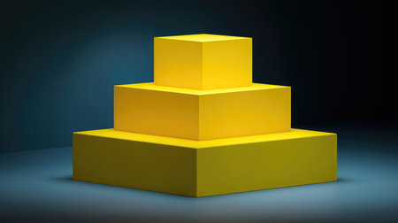 A striking arrangement of vibrant yellow geometric shapes stacked on a dark background, ideal for abstract art and modern design projects. Aesthetic simplicity shines through in this composition.の素材