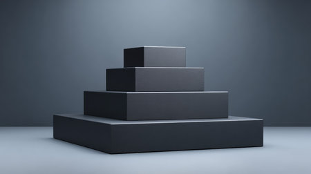 A striking arrangement of black geometric shapes stacked in a minimalist style, perfect for showcasing creativity and modern design in various projects and presentations.の素材