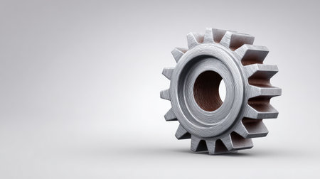 This image features a detailed 3D rendering of a metallic gear, highlighting its design and texture perfect for industrial themes and engineering projects.の素材
