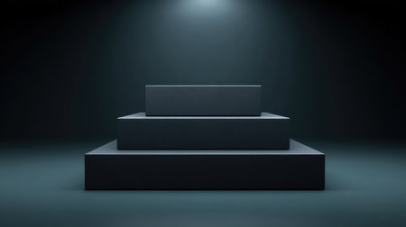 A striking minimalist scene featuring geometric shapes arranged in tiers, designed for display or presentation against a dark background in a studio setting.の素材